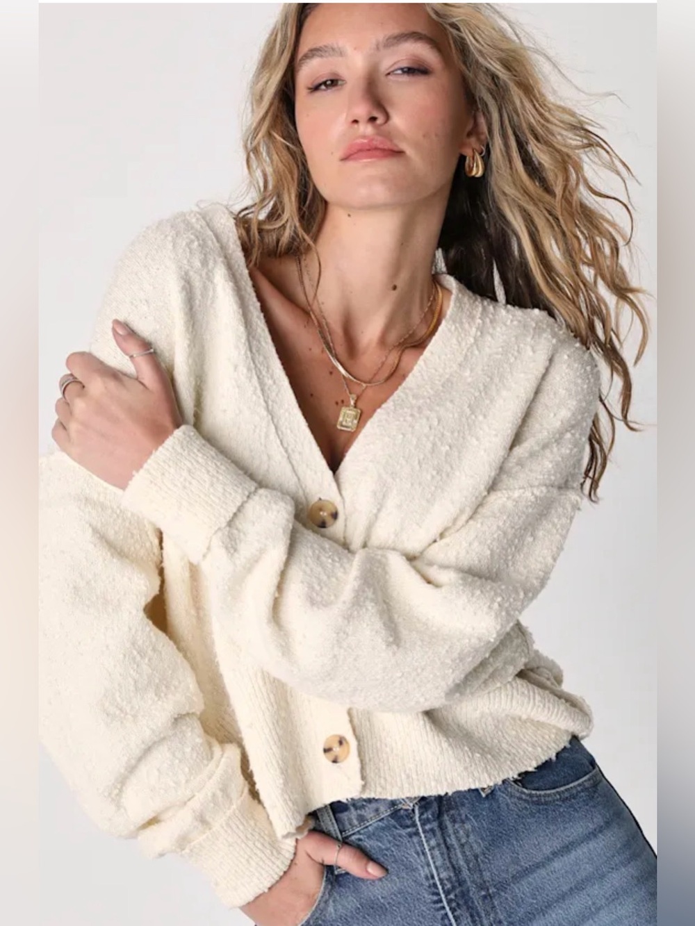 Free People Found My Friend Cardigan Ivory NWOT Oversized Textured Sweater